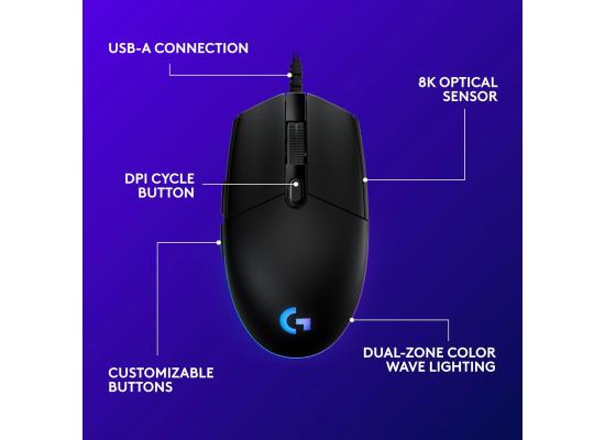 Logitech G203 LIGHTSYNC RGB Wired Gaming Mouse – 8,000 DPI, Rainbow Optical Effect, Black